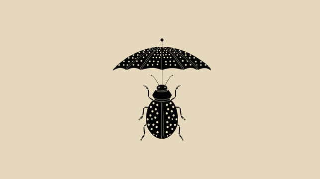 A whimsical graphic depicting a ladybug carrying an umbrella with a speckled pattern