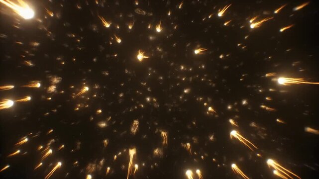 光る軌跡を残しながら宇宙空間を激しく渦巻く小さな隕石の破片の嵐