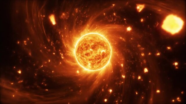 光る太陽のコアの周りを激しく渦巻く燃える炎の粒子の嵐