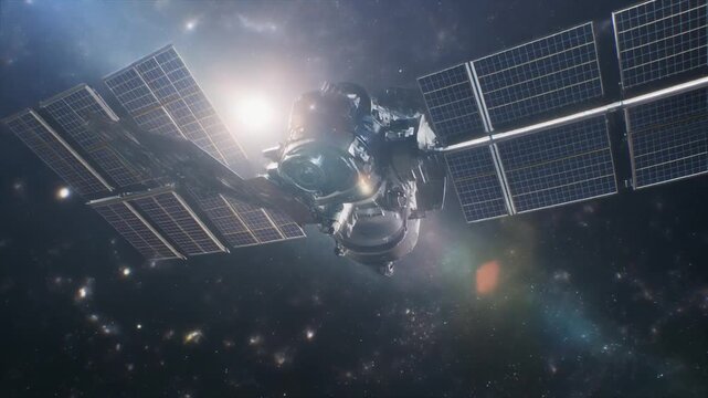 宇宙空間で太陽光を反射しながらゆっくりと展開する人工衛星のソーラーパネル