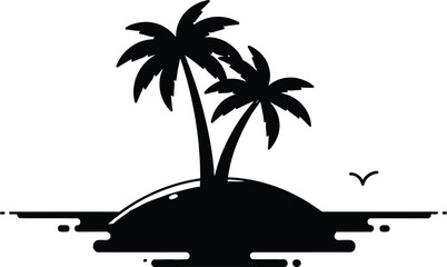 Minimalist black and white vector illustration of a tropical island with two palm trees at sunset © SHIRIN