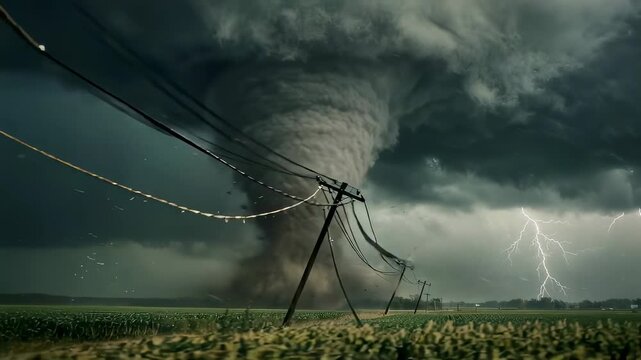 Massive tornado touches down over rural farmland, uprooting power lines and hurling debris, lightning flashes in storm clouds dramatic weather disaster scene, no people visible