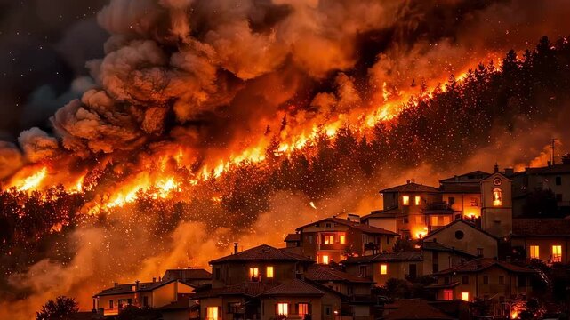 Wildfire rages across forested hillside above densely packed village at night; embers fly, smoke billows, windows glow dramatic ecological disaster scene, no people visible
