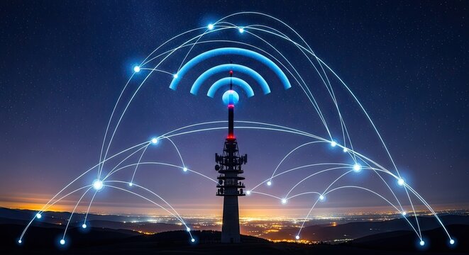 Cell Tower with Wireless Signal Waves at Dusk.
