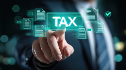 Fototapeta premium Businessman's hand touching a digital screen with the word TAX and document icons