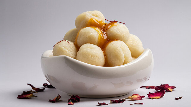 Traditional White Rasgulla Indian Sweet in Bowl with Syrup