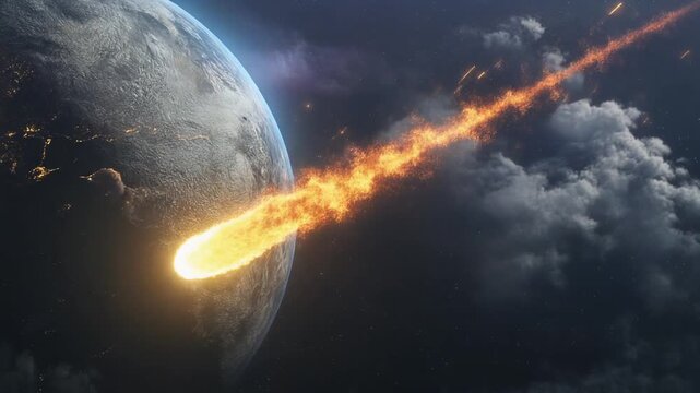 炎の軌跡と火花を散らして地球の大気圏に突入する巨大な光る隕石