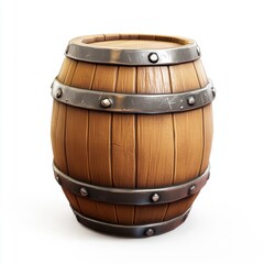 Fototapeta premium Cute Chunky Cartoonish Wooden Barrel Game Asset with Metal Rings in 3D Render Style on White Background