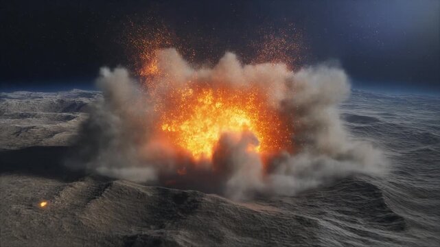 荒涼とした惑星に衝突し塵と炎の粒子の強力な爆発を引き起こす巨大な隕石