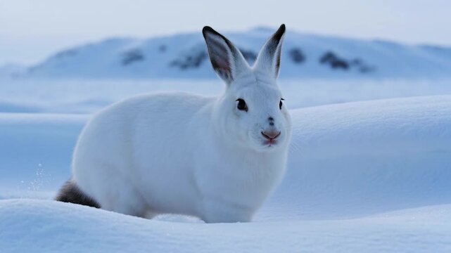 Close-Up of an Arctic Hare Sitting in Deep Winter Snow.