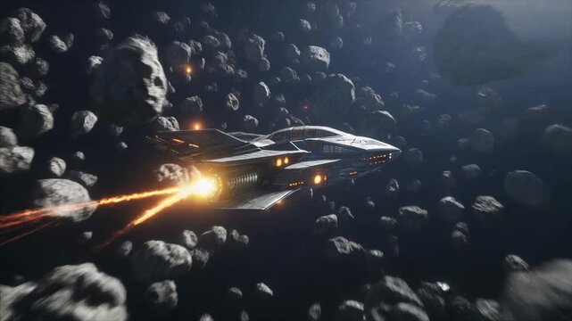 密集した小惑星帯を高速で飛行する未来的な宇宙船とモーションブラー