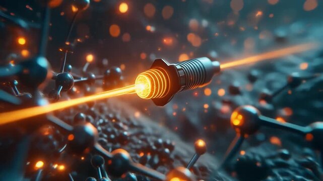 微小な分子の風景をスキャンする集束放射線ビームと光る反応粒子