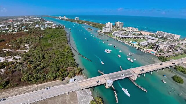 Aerial view of boats scattered on the turquoise Indian River, with lush mangroves and buildings lining the shore, Indian River, Jupiter, Florida, United States.