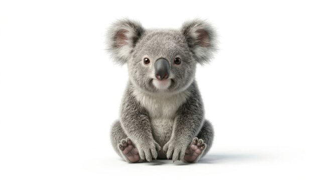 A cute, fluffy koala sits calmly and looks directly at the viewer with a gentle expression against a clean white background.