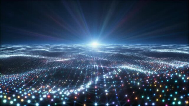 流れる放射線の波と光る粒子で構成された無限の地平線の抽象表現