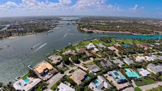 Aerial view of the Jupiter Inlet, with boats traversing the water, amidst lush greenery and upscale residential areas, Jupiter, Florida, United States.