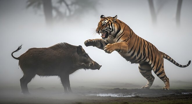 Tiger attacking a wild boar fight.