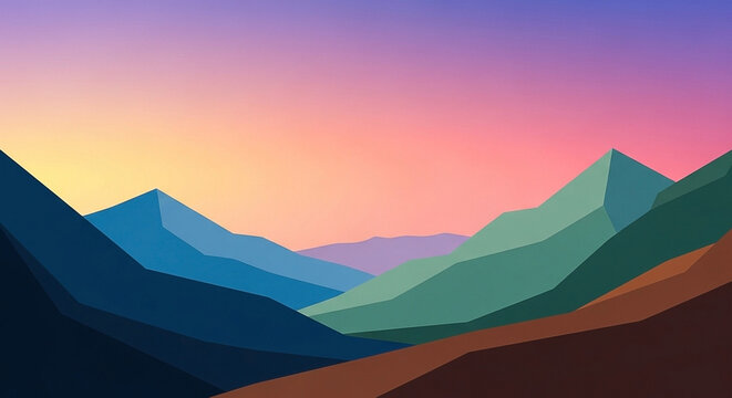 Geometric mountain range silhouette at dawn with vibrant sky gradient