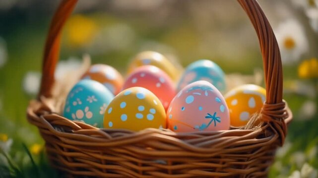 春の風に優しく揺れる装飾されたイースターエッグが入ったバスケットのクローズアップ