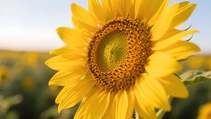 Obraz premium A close-up view of a vibrant yellow sunflower in full bloom under a clear blue sky, showcasing its intricate details and natural beauty