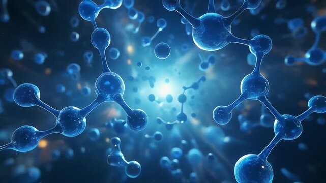 明るいエネルギーコアから形成され散らばる青い分子構造と浮遊する微粒子