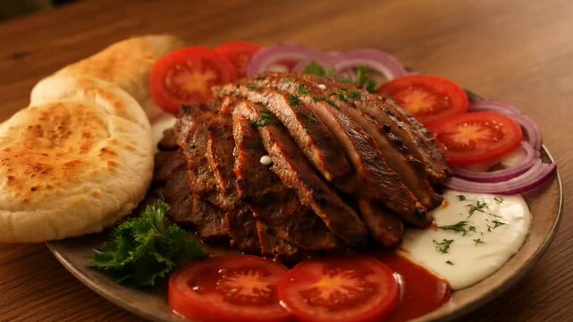 Grilled meat plate with vegetables and pita.