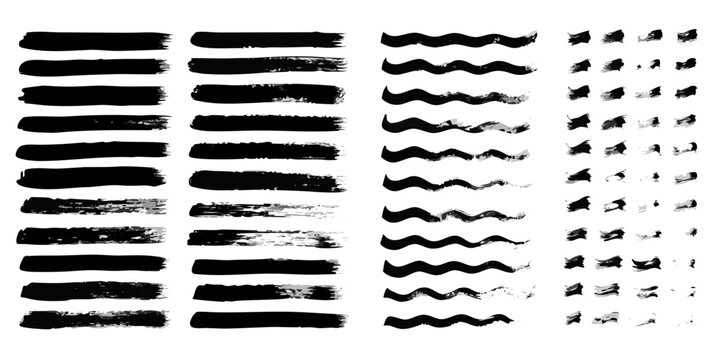 Collection of diverse black brush strokes and textured paint splatters