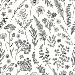 Detailed botanical illustration of various wildflowers and foliage © SagoriRani