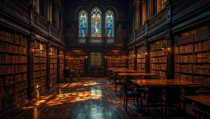 Fototapeta premium Framing central reading hall aisle drawing gaze toward stained-glass windows and double doors