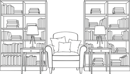 A line of a cozy reading nook with a chair and two end tables flanked by tall bookshelves line black and white © Moksedul