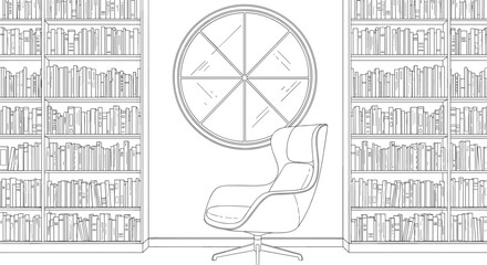 A line of a modern chair in front of bookshelves and a circular window line black and white © Moksedul