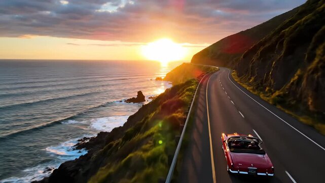 A vintage red convertible drives along a scenic coastal highway at sunset with the sun setting over the ocean.