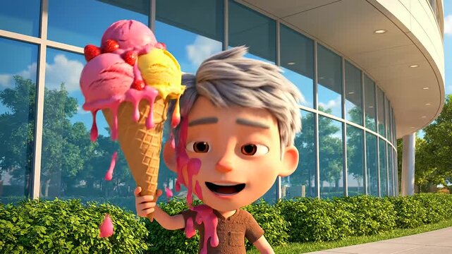 Kids Summer Adventures with a child holding a large triple scoop ice cream cone, pink and yellow with strawberries, displaying a vibrant Melting Cone Drip.