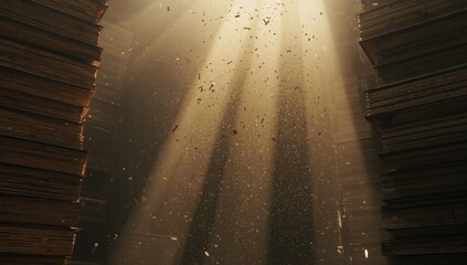 Naklejka premium Streaming sun shafts lighting drifting dust and paper flakes in archive aisle with stacks of books