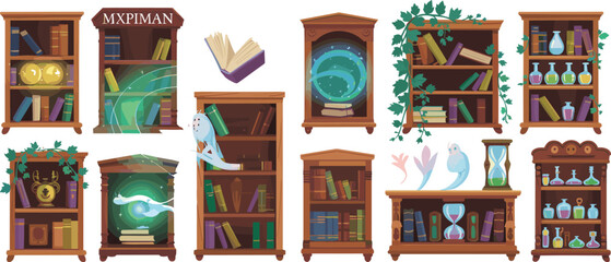 Cartoon style wooden bookshelves with various and books hourglass © Moksedul