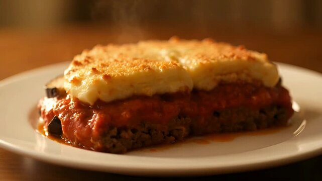 Moussaka on white plate closeup.
