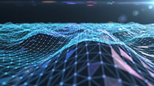 An abstract image depicts a blue mesh landscape with connected nodes, suggestive of data flow