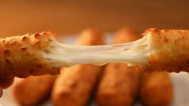 Mozzarella cheese sticks being pulled apart.
