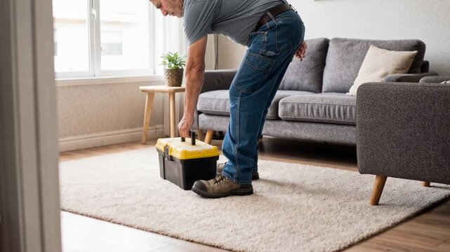 Home repair technician arriving with toolbox in living room, handyman service and maintenance with copy space.