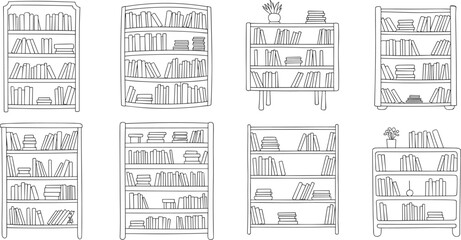 Eight black and white of bookshelves with various book arrangements line library bookcases © Moksedul
