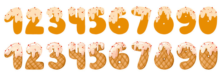 Obraz premium Hand Painted Waffle Numbers 0 to 9 Set in Two Styles with Sweet Icing Perfect for Bakery Branding Birthday Decor Kids Apparel and Party Stationery