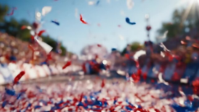Confetti rains down on a cheering crowd during a celebratory event with a blurred car in the background.