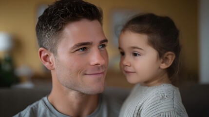 Obraz premium A loving father and his young daughter share a tender moment looking at each other in a warm indoor home setting
