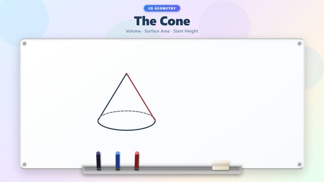 Educational whiteboard animation explaining the geometry of a cone.