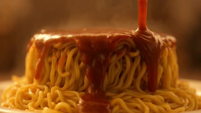 Spaghetti with sauce being poured on.