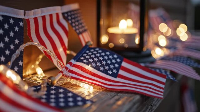 Close-up of small American flags strung together with warm fairy lights and a candle lantern in the background.