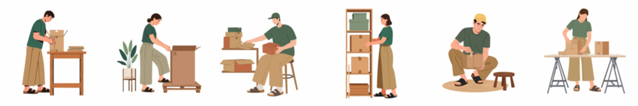 Diverse team of workers packing and organizing cardboard boxes in a warehouse or small business environment, vector illustration set.