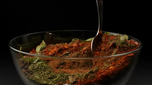 Spices poured into clear bowl.