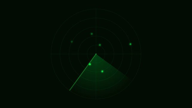 Green radar screen displaying blips and a sector sweep.
