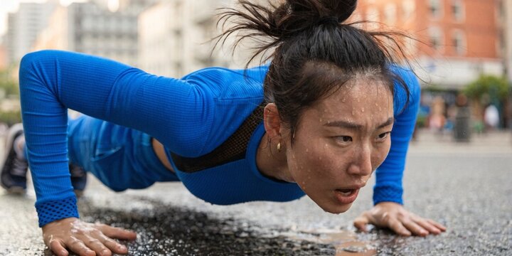 Asian Woman in Blue Sportswear Doing Push Up on Wet Urban Street